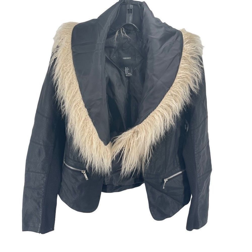 Forever 21 Women's Black Leather-look Faux Fur Collar Jacket NEW small NWT